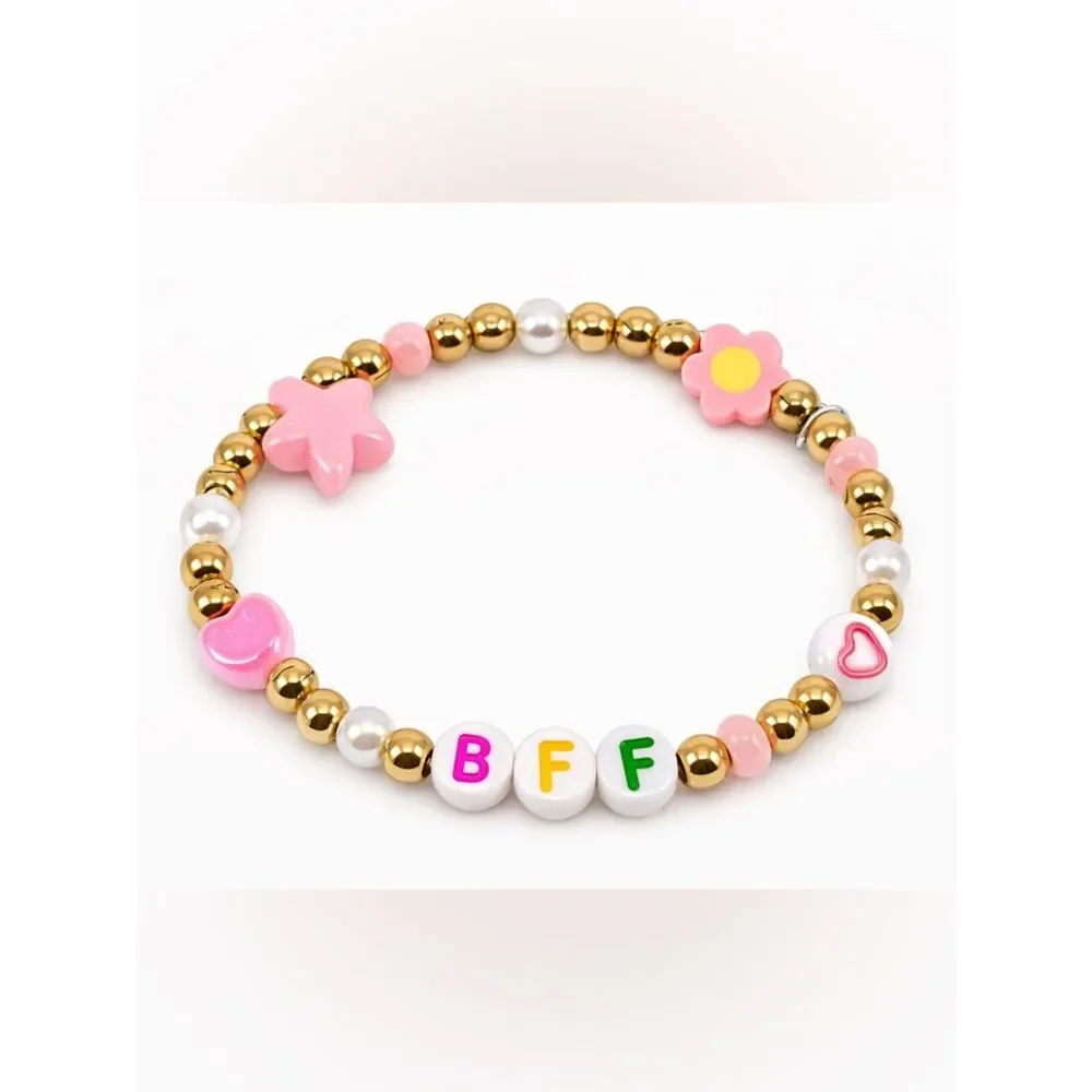 BFF Beaded Friendship Bracelet Gold Tone Pink Heart Flower Girls Women Gift